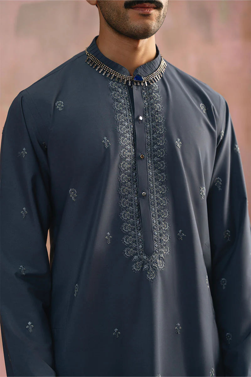 Grey Blue Embroidered Kurta Pajama | REPUBLIC MENSWEAR