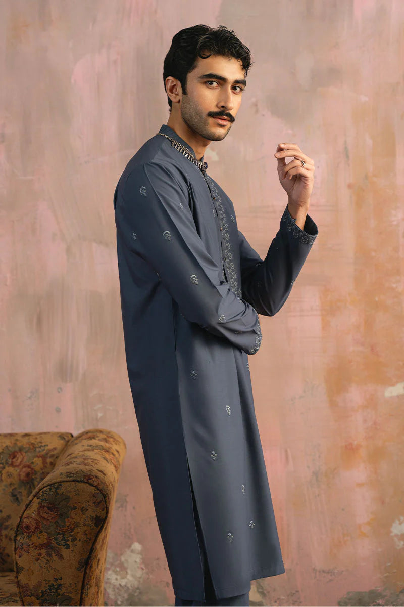 Grey Blue Embroidered Kurta Pajama | REPUBLIC MENSWEAR
