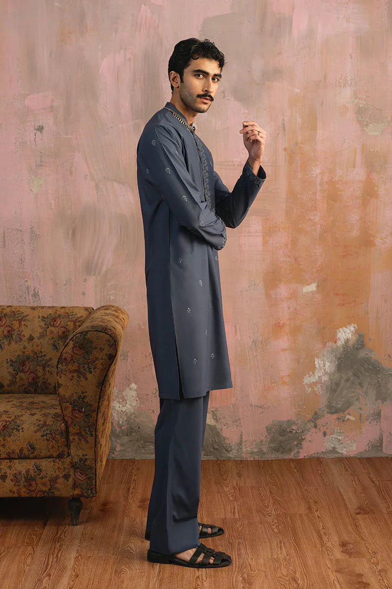 Grey Blue Embroidered Kurta Pajama | REPUBLIC MENSWEAR