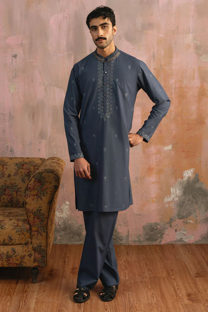 Grey Blue Embroidered Kurta Pajama | REPUBLIC MENSWEAR