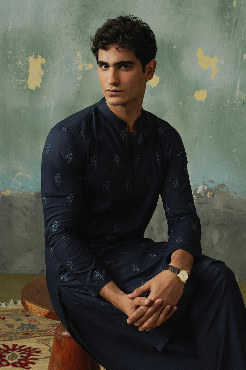 Navy Blue Embroidered Kurta Shalwar | REPUBLIC MENSWEAR