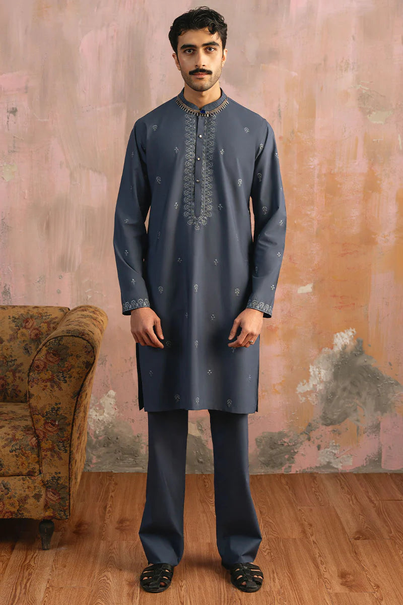 Grey Blue Embroidered Kurta Pajama | REPUBLIC MENSWEAR