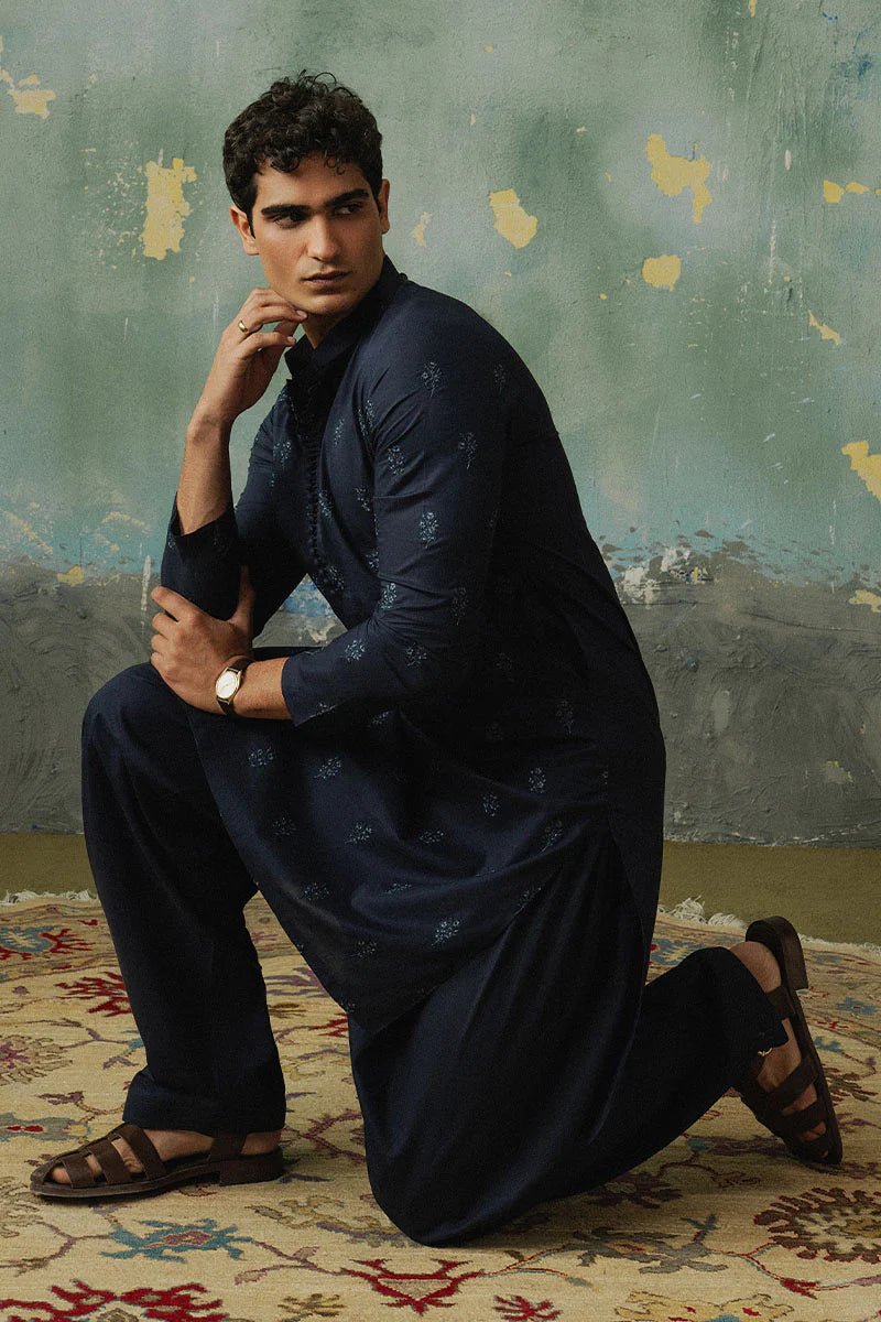 Navy Blue Embroidered Kurta Shalwar | REPUBLIC MENSWEAR
