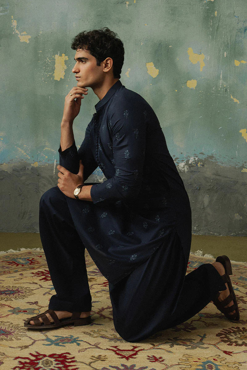 Navy Blue Embroidered Kurta Shalwar | REPUBLIC MENSWEAR