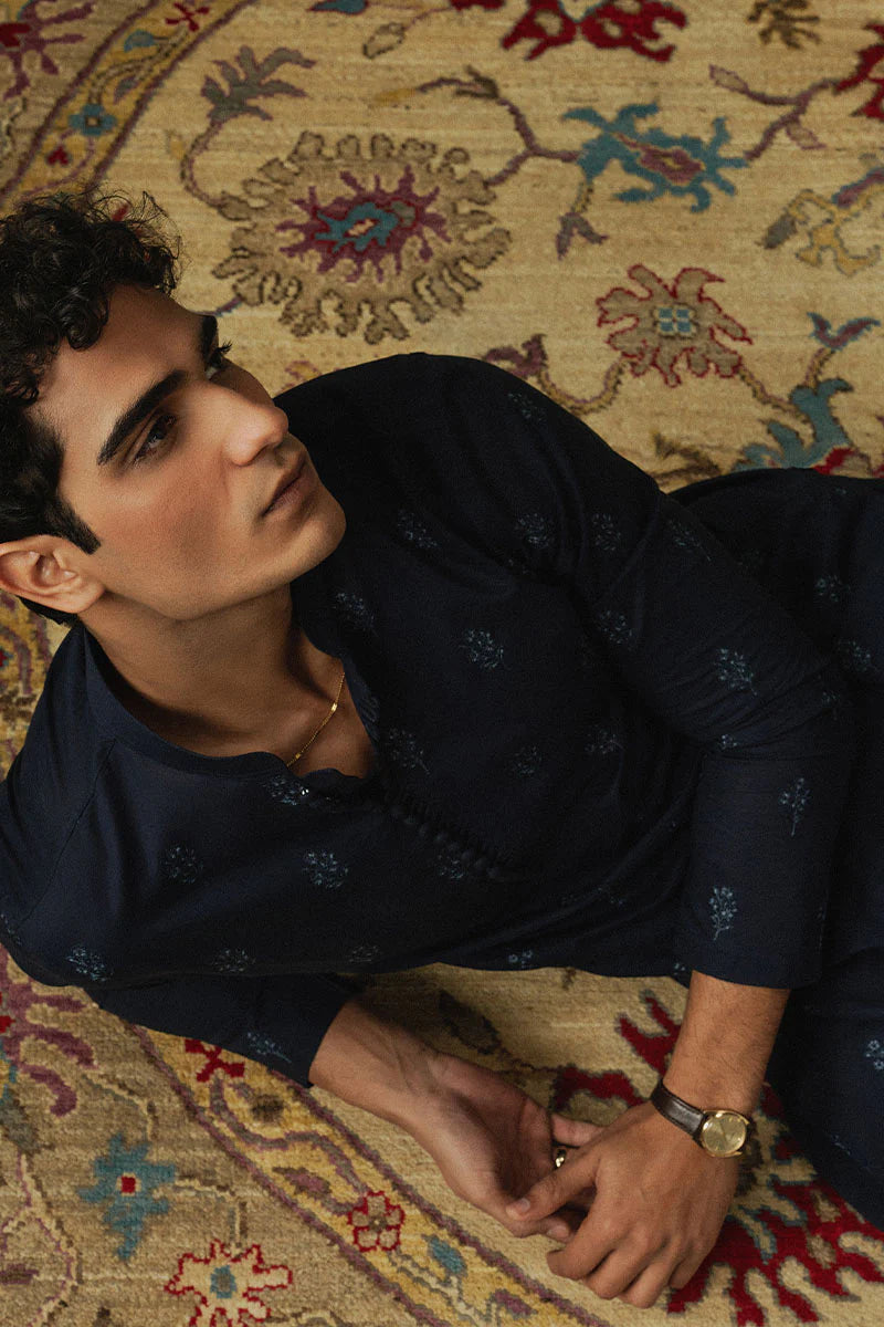 Navy Blue Embroidered Kurta Shalwar | REPUBLIC MENSWEAR
