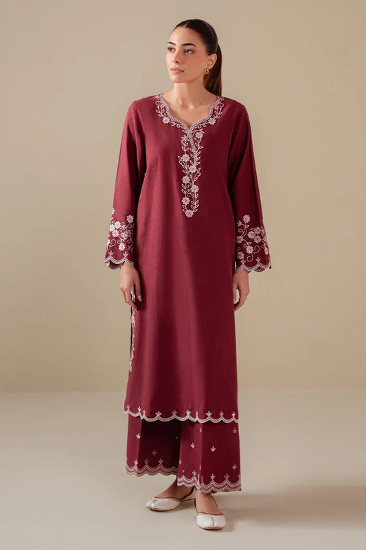 RED WINE-2PC (SHIRT & TROUSER) | EXCLUSIVE PRET | Cross Stitch