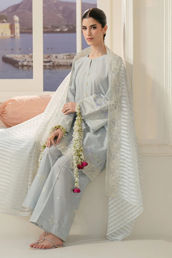 AQUA WHISPER-3PC EMBROIDERED LAWN SUIT | Cross Stitch