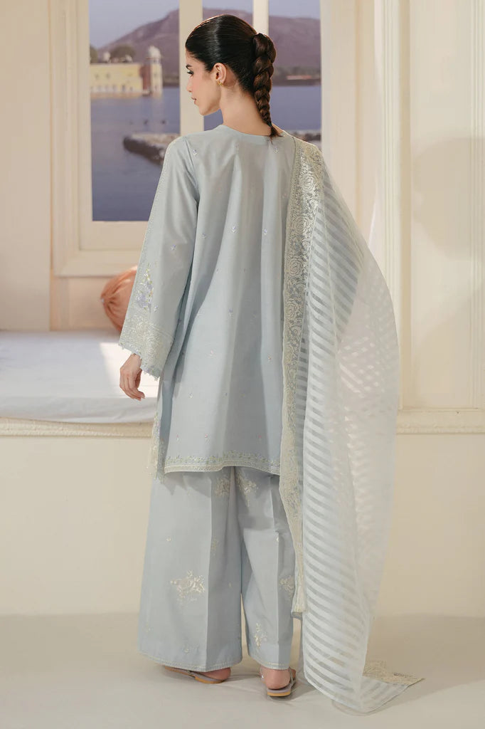 AQUA WHISPER-3PC EMBROIDERED LAWN SUIT | Cross Stitch