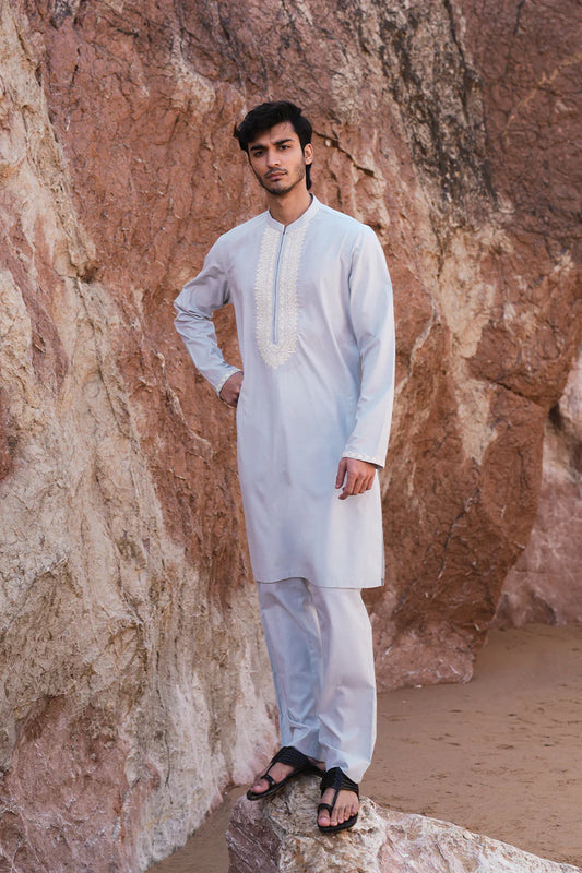 'Soft Blue' Embroidered Kurta Pajama | REPUBLIC MENSWEAR