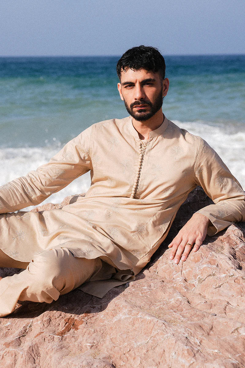 'Sand Brown' Embroidered Kurta Pajama | REPUBLIC MENSWEAR