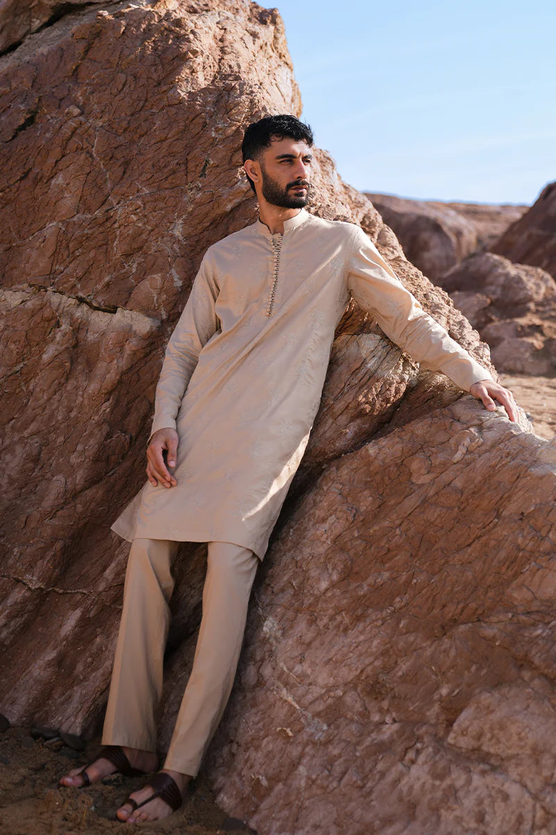 'Sand Brown' Embroidered Kurta Pajama | REPUBLIC MENSWEAR
