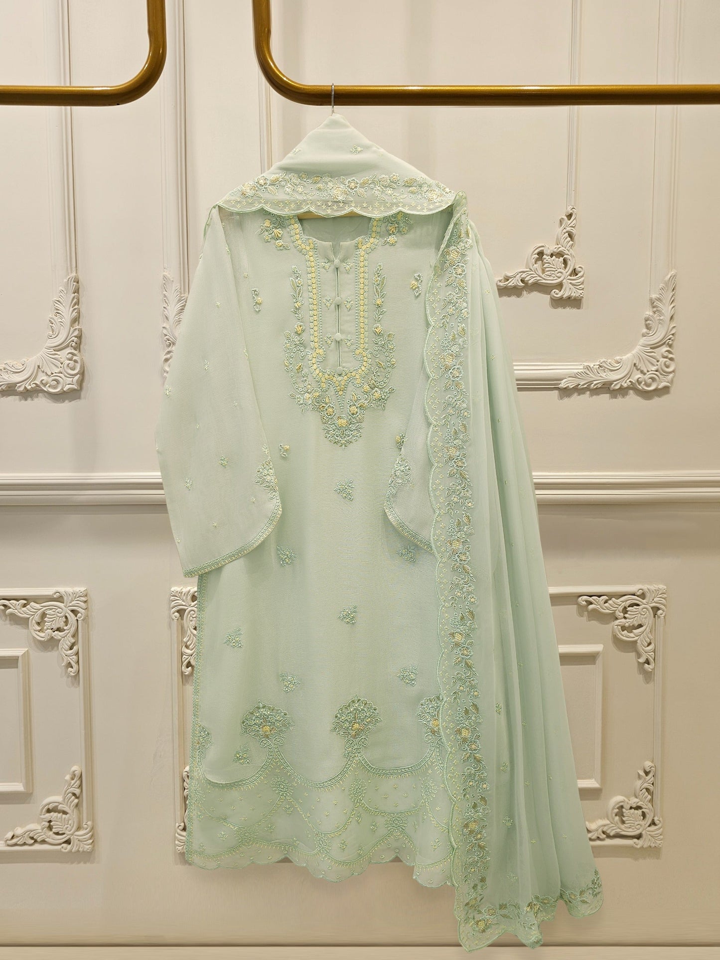 S112781 | Pure Embroidered Cotton Net Suit  | Aghanoor Bridal