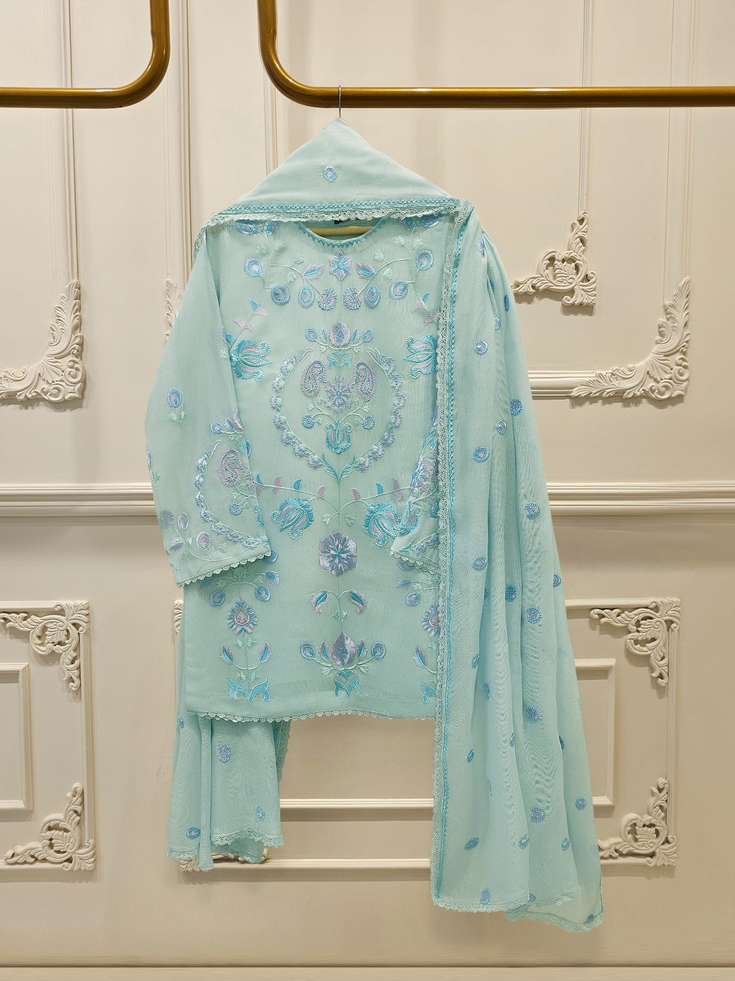 S112802 |Pure Embroidered Cotton Net Suit | Aghanoor Bridal