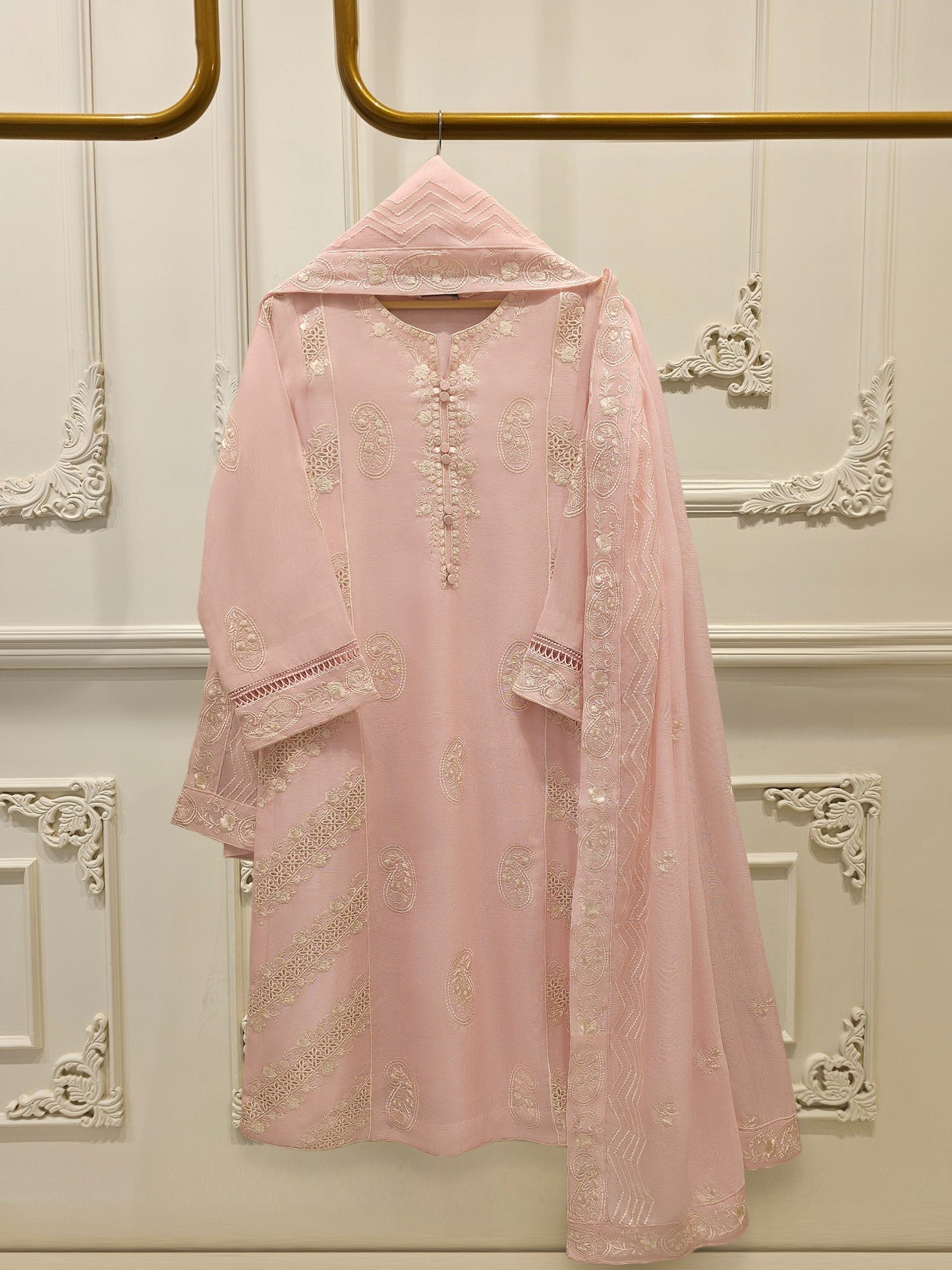 S112866 | Pure Embroidered Cotton Net Suit | Aghanoor Bridal