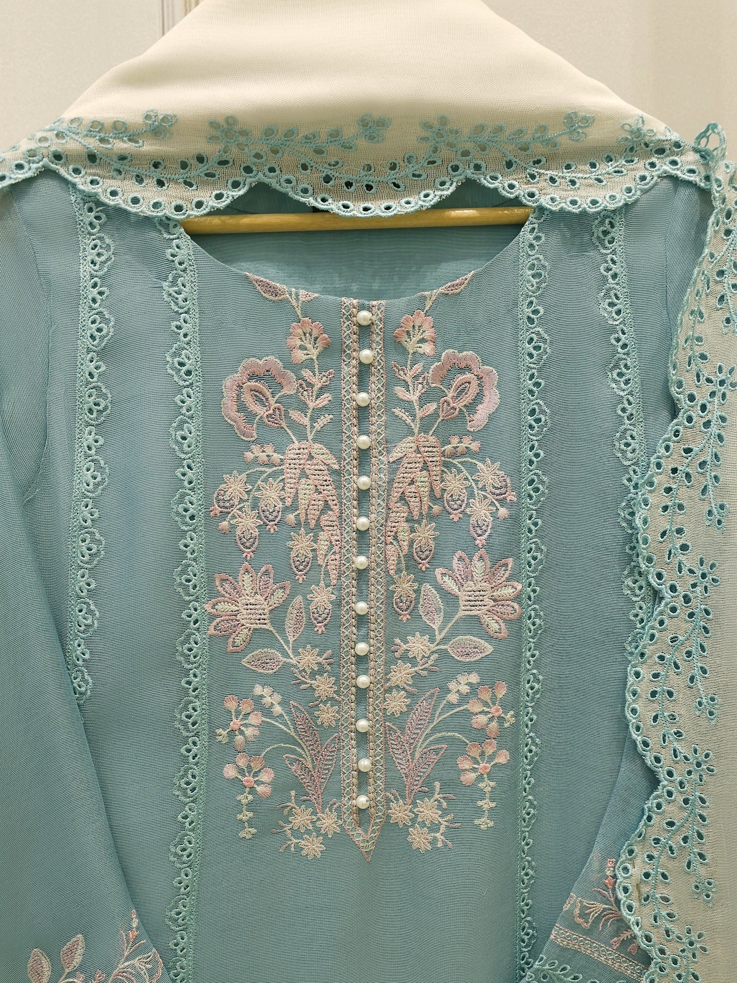 S112900 | Pure Embroidered Cotton Net Suit  | Aghanoor Bridal