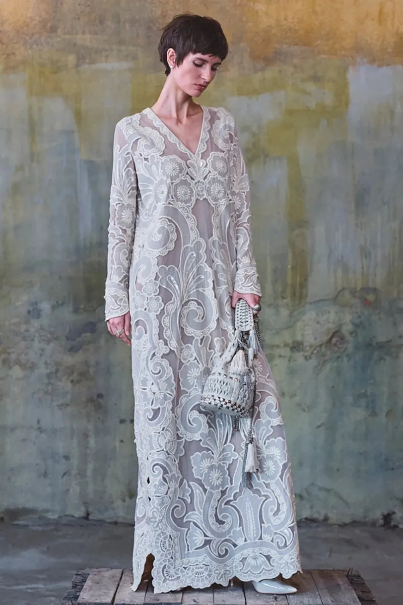 Off-white 3D Tonal Applique Embroidered Kaftan | Diffusion '26 | Iqbal Hussain