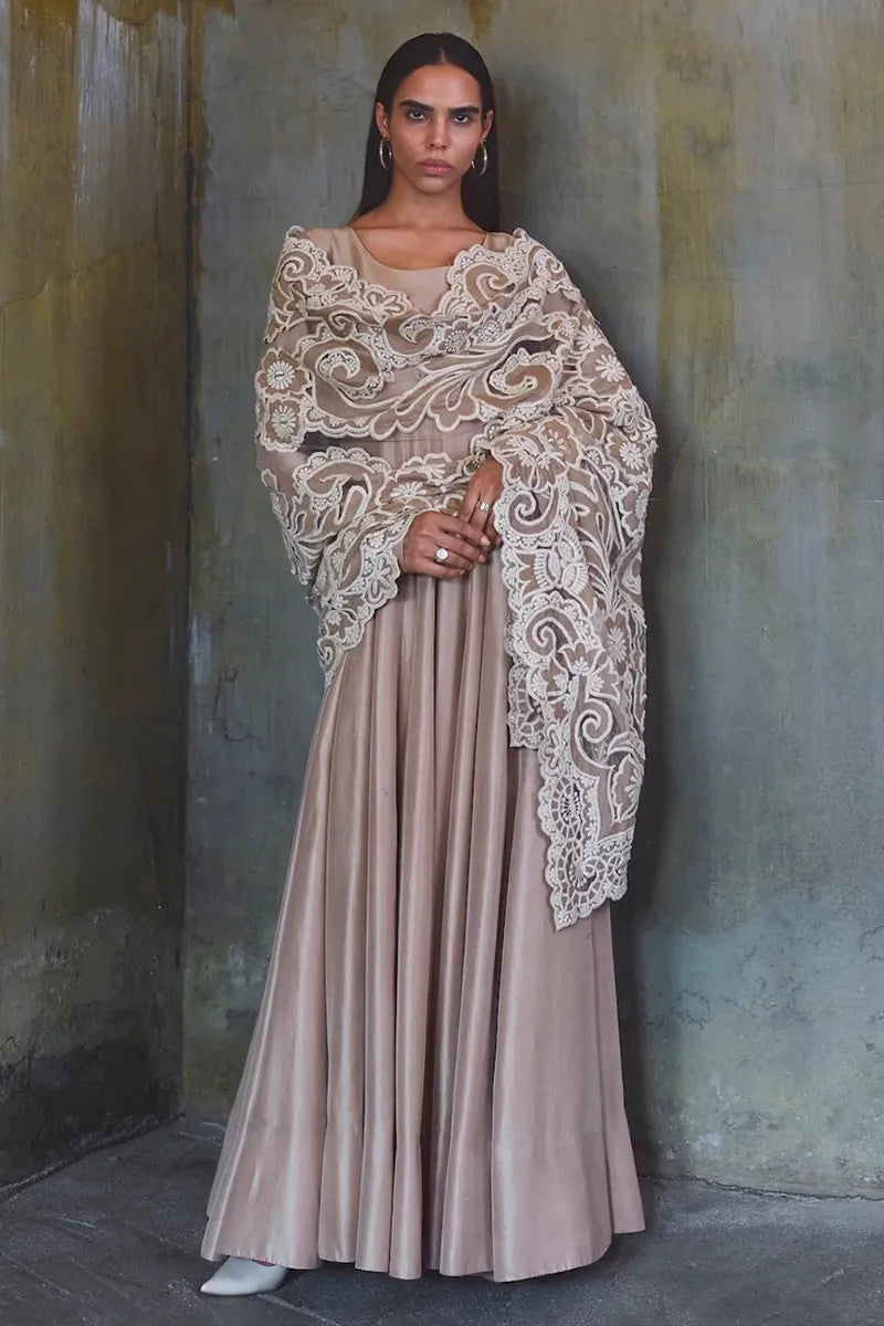 Coffee Beige Raw Silk Anarkali Set | Diffusion '26 | Iqbal Hussain