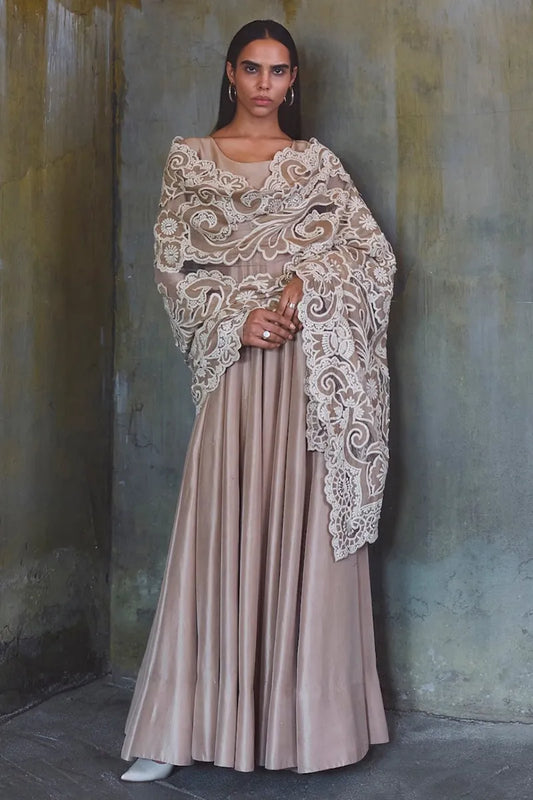Coffee Beige Raw Silk Anarkali Set | Diffusion '26 | Iqbal Hussain