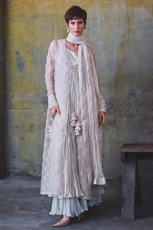 ivory Floral Thread Embroidered Jacket Set | Diffusion '26 | Iqbal Hussain