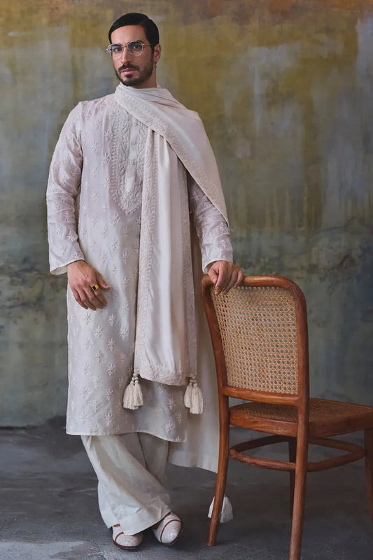 Taupe Chikankari Thread Embroidered Kurta Set | Diffusion '26 | Iqbal Hussain
