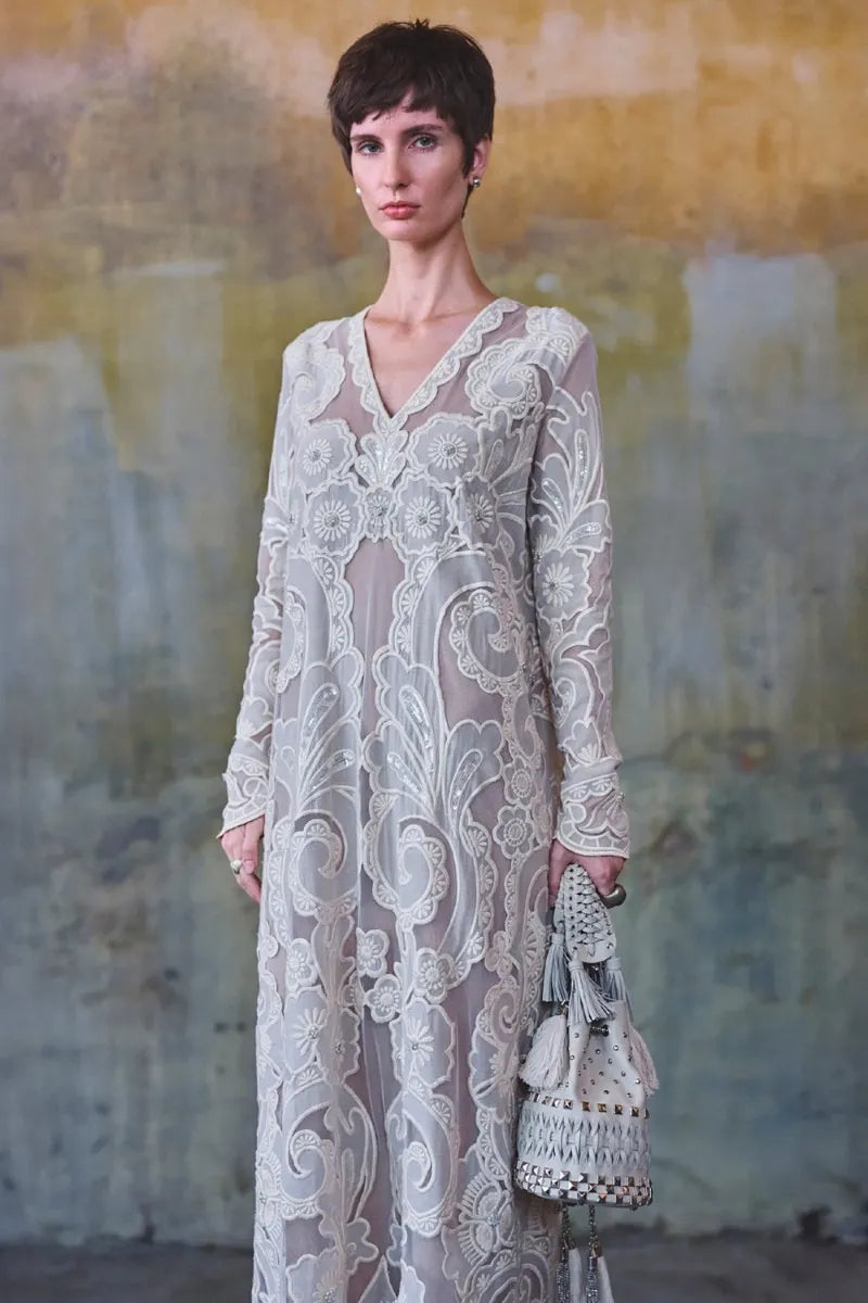 Off-white 3D Tonal Applique Embroidered Kaftan | Diffusion '26 | Iqbal Hussain