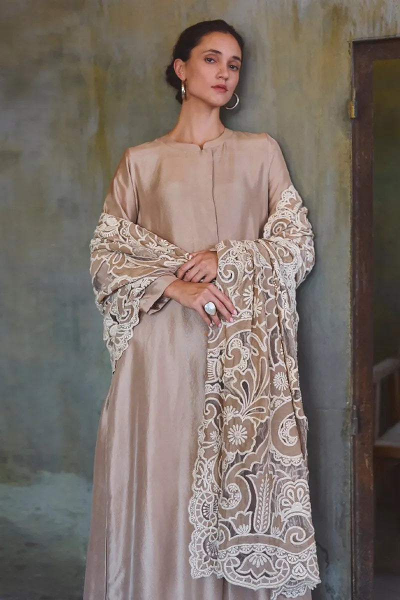 Coffee Beige Raw Silk Kurta Set | Diffusion '26 | Iqbal Hussain