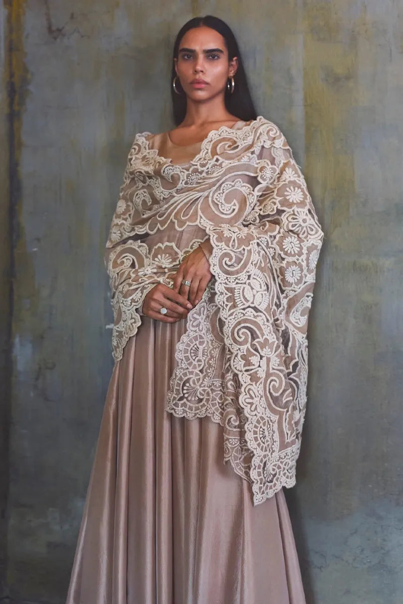 Coffee Beige Raw Silk Anarkali Set | Diffusion '26 | Iqbal Hussain
