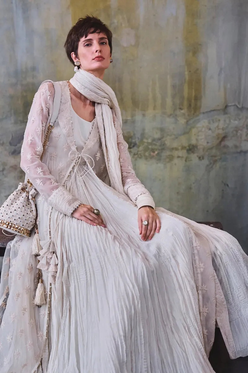 ivory Floral Thread Embroidered Jacket Set | Diffusion '26 | Iqbal Hussain