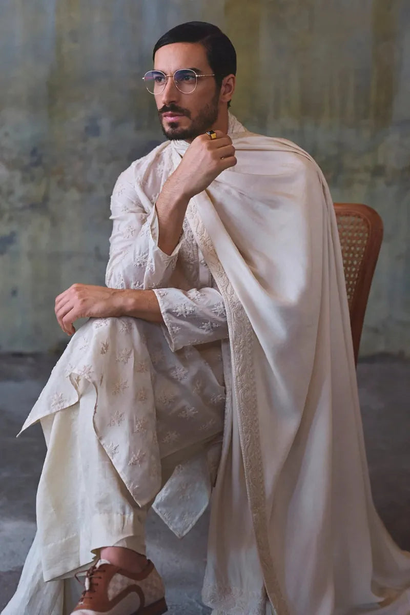 Taupe Chikankari Thread Embroidered Kurta Set | Diffusion '26 | Iqbal Hussain