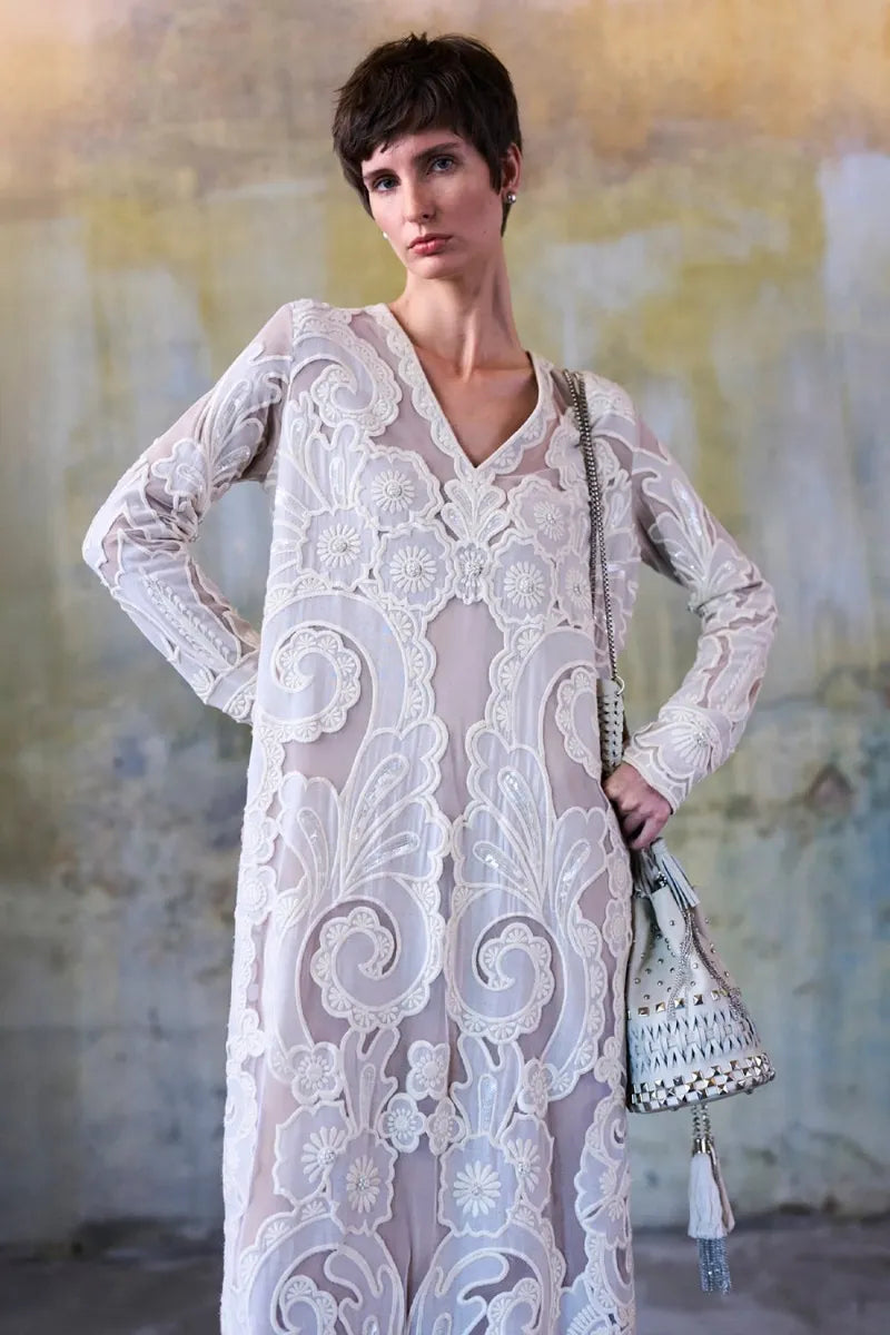 Off-white 3D Tonal Applique Embroidered Kaftan | Diffusion '26 | Iqbal Hussain