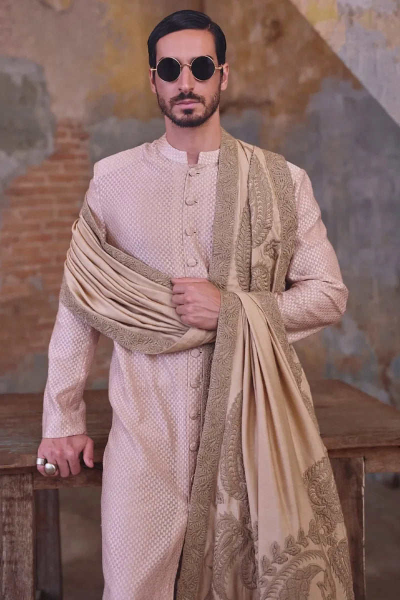 Mauve Geometric Woven Front-open Sherwani Set | Diffusion '26 | Iqbal Hussain
