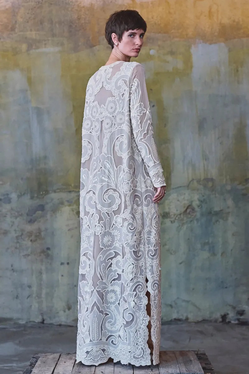 Off-white 3D Tonal Applique Embroidered Kaftan | Diffusion '26 | Iqbal Hussain