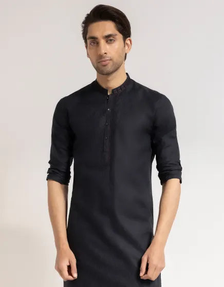 BLACK COTTON SEMI-FORMAL KURTA | FESTIVE '26 | JUNAID JAMSHED MENSWEAR