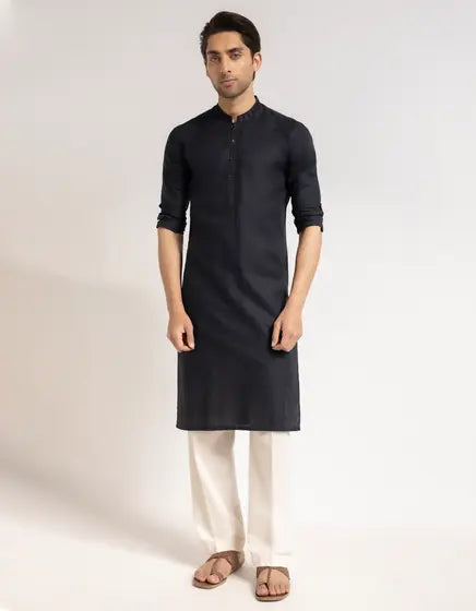 BLACK COTTON SEMI-FORMAL KURTA | FESTIVE '26 | JUNAID JAMSHED MENSWEAR