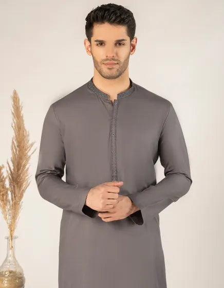 GREY COTTON SEMI-FORMAL KURTA | JUNAID JAMSHED MENSWEAR
