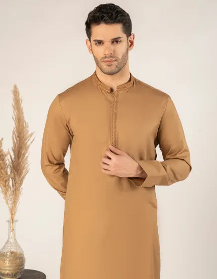 BEIGE COTTON SEMI-FORMAL KURTA | JUNAID JAMSHED MENSWEAR