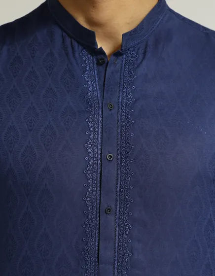 BLUE COTTON SEMI-FORMAL KURTA | FESTIVE '26 | JUNAID JAMSHED MENSWEAR