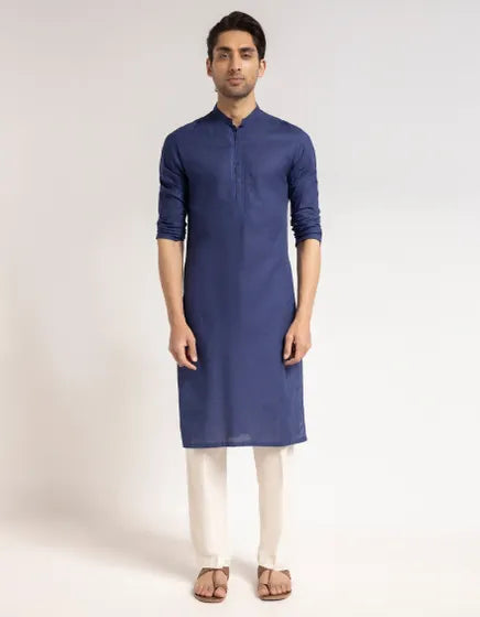 BLUE COTTON SEMI-FORMAL KURTA | FESTIVE '26 | JUNAID JAMSHED MENSWEAR