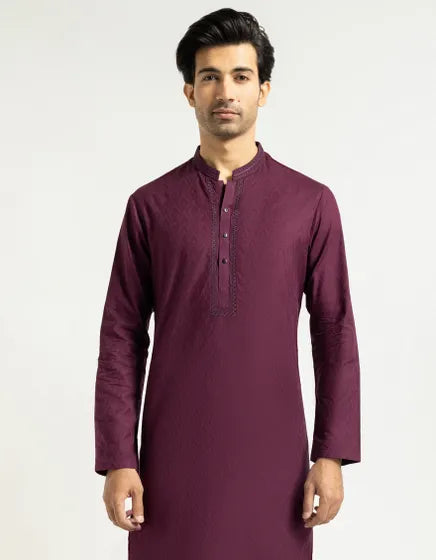 MAROON COTTON SEMI-FORMAL KURTA | FESTIVE '26 | JUNAID JAMSHED MENSWEAR