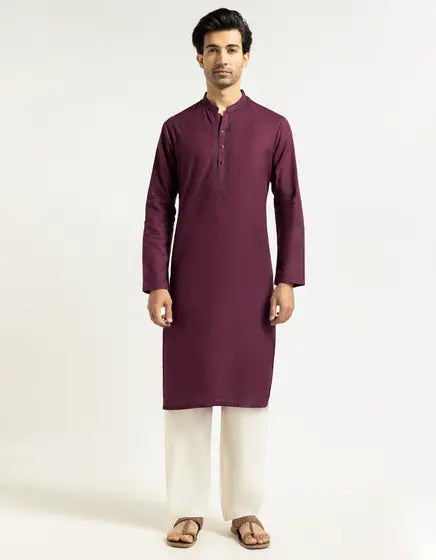 MAROON COTTON SEMI-FORMAL KURTA | FESTIVE '26 | JUNAID JAMSHED MENSWEAR