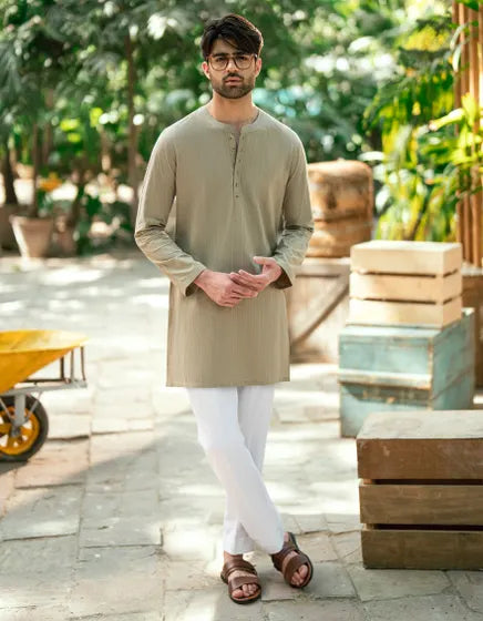 BEIGE BUNNAT COTTON CASUAL SHORT KURTA | JUNAID JAMSHED MENSWEAR