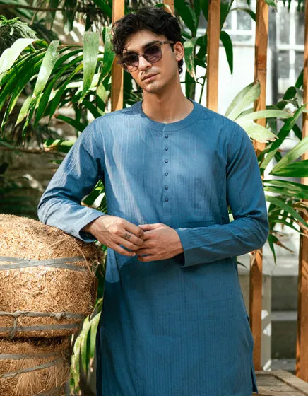 DULL BLUE BUNNAT COTTON CASUAL SHORT KURTA | JUNAID JAMSHED MENSWEAR