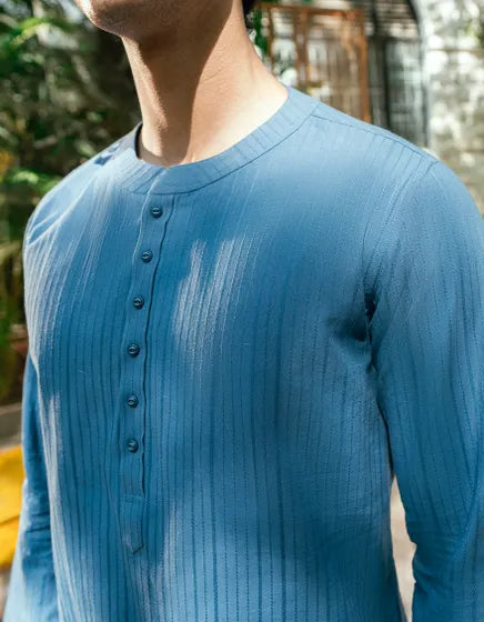 DULL BLUE BUNNAT COTTON CASUAL SHORT KURTA | JUNAID JAMSHED MENSWEAR