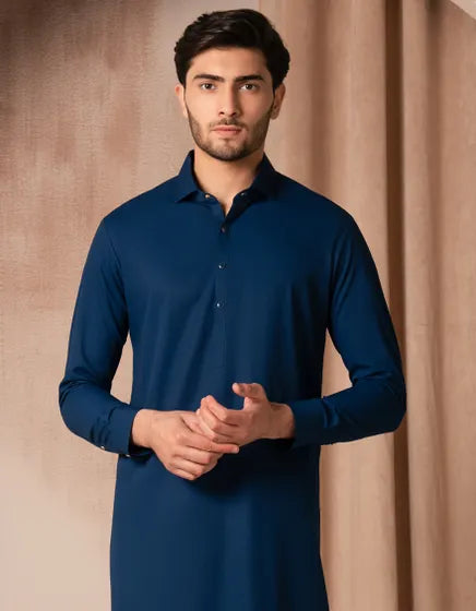 BLUE BLENDED KURTA TROUSER | JUNAID JAMSHED MENSWEAR