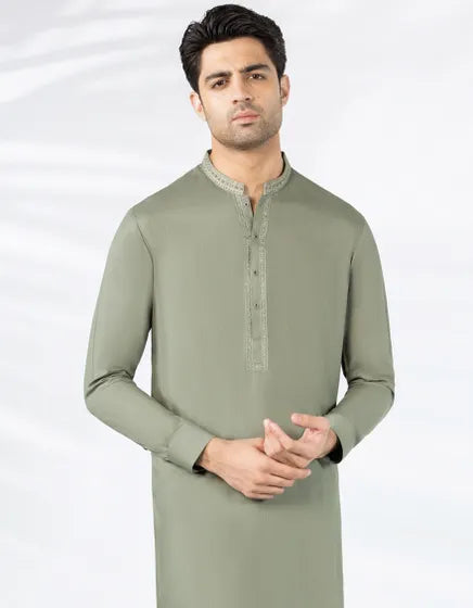 GREEN BLENDED SEMI-FORMAL KAMEEZ SHALWAR | JUNAID JAMSHED MENSWEAR