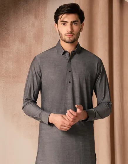 GREY COTTON CASUAL KAMEEZ SHALWAR | JUNAID JAMSHED MENSWEAR