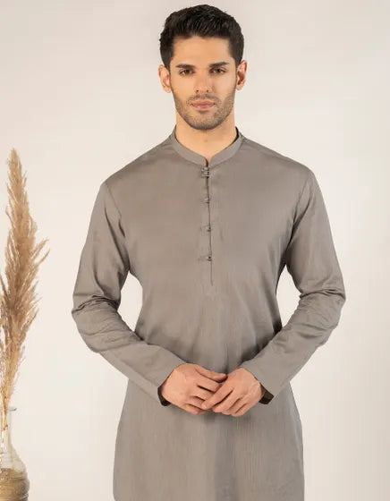 STONE GREY COTTON CASUAL SHORT KURTA TROUSER | JUNAID JAMSHED MENSWEAR
