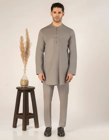 STONE GREY COTTON CASUAL SHORT KURTA TROUSER | JUNAID JAMSHED MENSWEAR