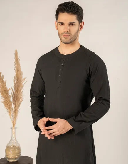 BLACK BUNNAT COTTON CASUAL SHORT KURTA | JUNAID JAMSHED MENSWEAR