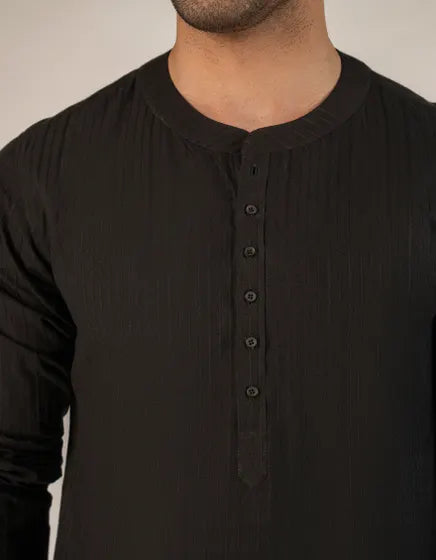 BLACK BUNNAT COTTON CASUAL SHORT KURTA | JUNAID JAMSHED MENSWEAR